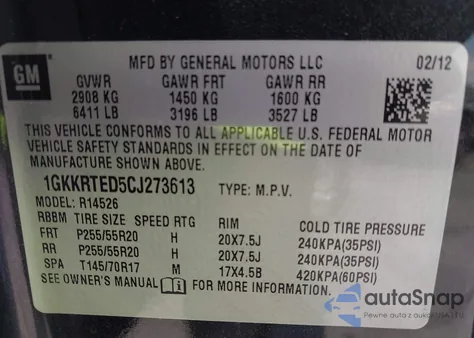 2012 GMC Acadia Denali z USA, uszkodzony, nr VIN 1GKKRTED5CJ273613